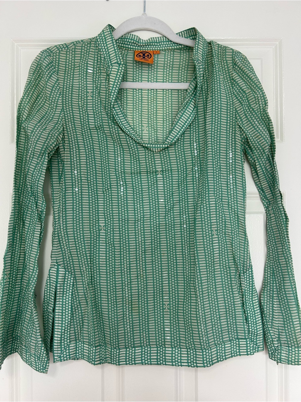 Tory Burch Green Patterned Long-Sleeve Scoop Neck Top